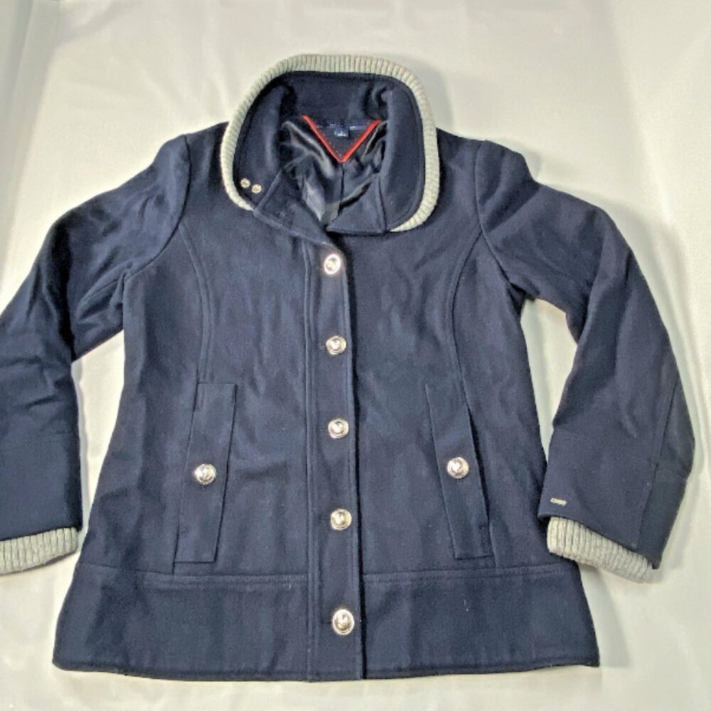 Tommy Hilfiger Womens Short Military Pea Coat Navy Blue Rib Collar Size Medium